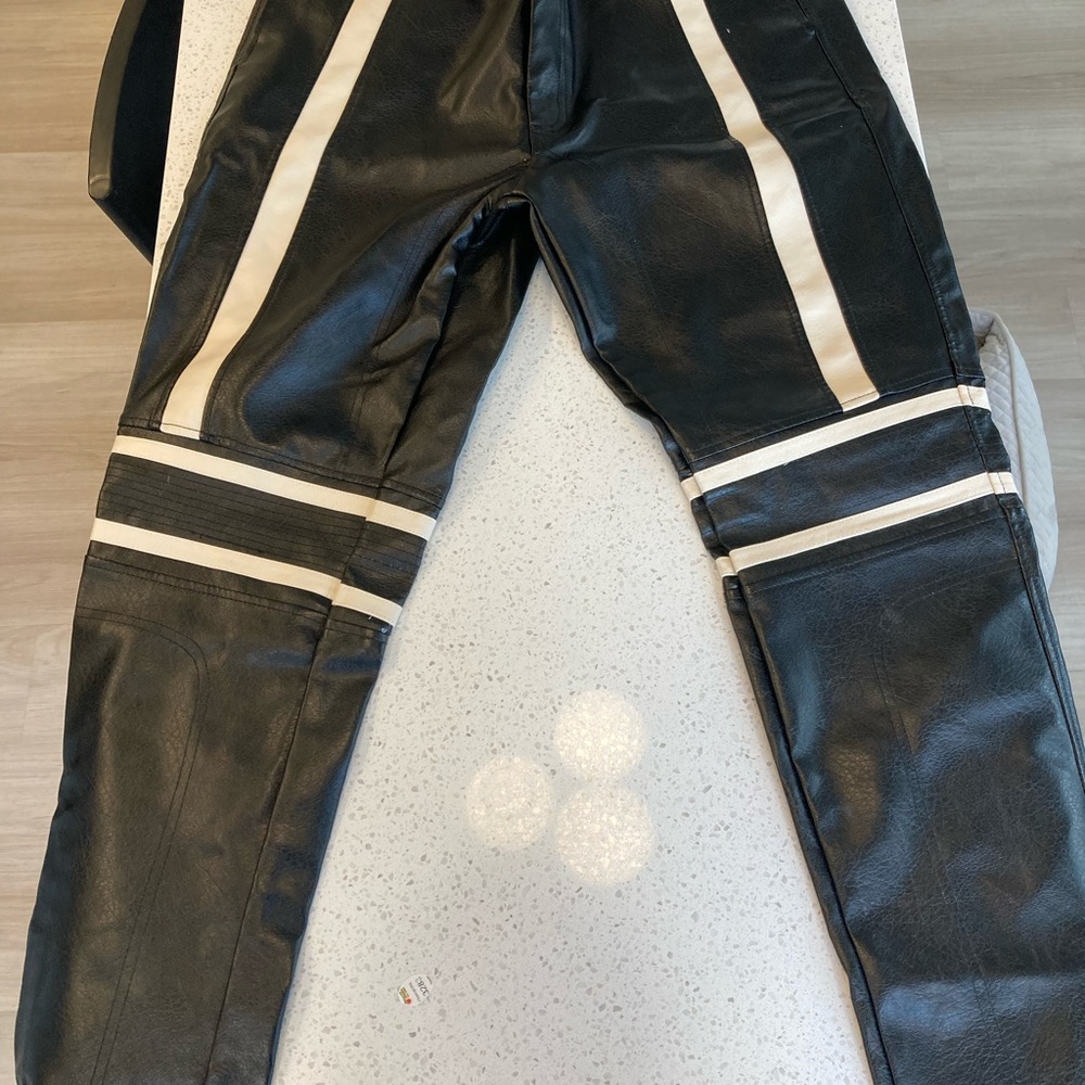 Forever 21 Men's Black Leather Pants with White Stripes